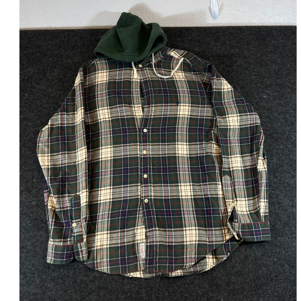 VTG 90s Polo Ralph Lauren Hooded Plaid Flannel Shirt Men XL Green Navy Button Up